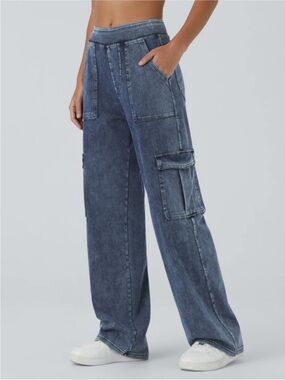 Halara Flex Blue Mid Rise Pockets Straight Leg Casual Cargo Jeans XL